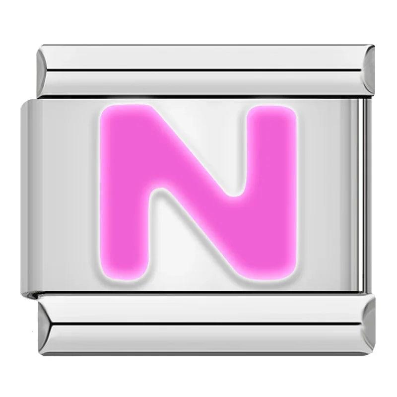 Letter N in Pink, on Silver - Charms Official